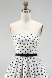 White Polka Dot A-Line Strapless Short Cocktail Dress with Bow Sash