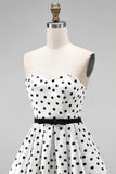 White Polka Dot A-Line Strapless Short Cocktail Dress with Bow Sash