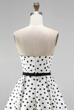 White Polka Dot A-Line Strapless Short Cocktail Dress with Bow Sash