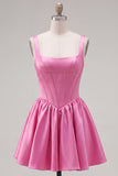 A-Line Fuchsia Square Neck Corset Satin Cocktail Dress
