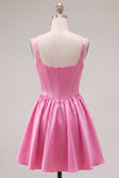 A-Line Fuchsia Square Neck Corset Satin Cocktail Dress