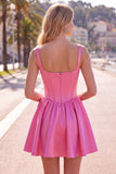 A-Line Fuchsia Square Neck Corset Satin Cocktail Dress