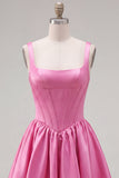 A-Line Fuchsia Square Neck Corset Satin Cocktail Dress