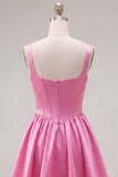 A-Line Fuchsia Square Neck Corset Satin Cocktail Dress