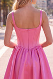 A-Line Fuchsia Square Neck Corset Satin Cocktail Dress