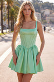 A-Line Fuchsia Square Neck Corset Satin Cocktail Dress