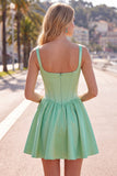 A-Line Fuchsia Square Neck Corset Satin Cocktail Dress