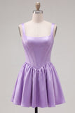 A-Line Fuchsia Square Neck Corset Satin Cocktail Dress