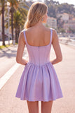 A-Line Fuchsia Square Neck Corset Satin Cocktail Dress