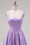 A-Line Fuchsia Square Neck Corset Satin Cocktail Dress