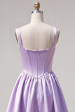 A-Line Fuchsia Square Neck Corset Satin Cocktail Dress