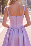 A-Line Fuchsia Square Neck Corset Satin Cocktail Dress