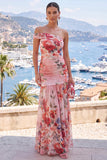 One Shoulder A-Line Pink Chiffon Ruched Maxi Floral Dress