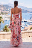One Shoulder A-Line Pink Chiffon Ruched Maxi Floral Dress