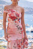 One Shoulder A-Line Pink Chiffon Ruched Maxi Floral Dress