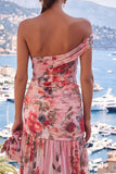 One Shoulder A-Line Pink Chiffon Ruched Maxi Floral Dress