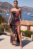 Off the Shoulder Black Red Flower Mermaid Chiffon Maxi Floral Dress with Slit