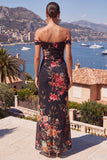 Off the Shoulder Black Red Flower Mermaid Chiffon Maxi Floral Dress with Slit