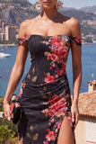 Off the Shoulder Black Red Flower Mermaid Chiffon Maxi Floral Dress with Slit