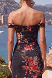 Off the Shoulder Black Red Flower Mermaid Chiffon Maxi Floral Dress with Slit