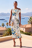 White Blue Flower One Shoulder Bodycon Printed Midi Dress