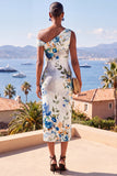 White Blue Flower One Shoulder Bodycon Printed Midi Dress