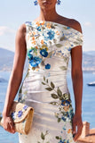 White Blue Flower One Shoulder Bodycon Printed Midi Dress