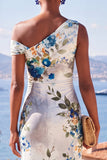 White Blue Flower One Shoulder Bodycon Printed Midi Dress