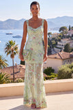 Yellow Mermaid Wide Straps Mermaid Maxi Floral Dress with Sequins
