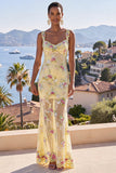 Yellow Mermaid Wide Straps Mermaid Maxi Floral Dress with Sequins