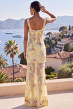Yellow Mermaid Wide Straps Mermaid Maxi Floral Dress with Sequins
