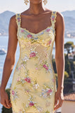 Yellow Mermaid Wide Straps Mermaid Maxi Floral Dress with Sequins