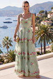 Green A-Line Tiered Ruffle Maxi Floral Dress with Sequins