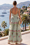Green A-Line Tiered Ruffle Maxi Floral Dress with Sequins