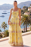Green A-Line Tiered Ruffle Maxi Floral Dress with Sequins