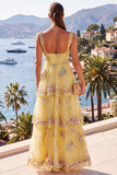 Green A-Line Tiered Ruffle Maxi Floral Dress with Sequins