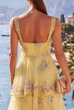 Green A-Line Tiered Ruffle Maxi Floral Dress with Sequins