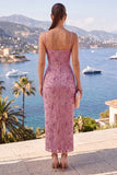 Dusty Rose Sheath Spaghetti Straps Midi Sequin Dress with Slit