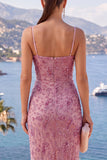 Dusty Rose Sheath Spaghetti Straps Midi Sequin Dress with Slit