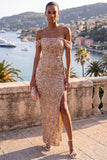 Off the Shoulder Champagne Mermaid Maxi Sequin Dress with Slit