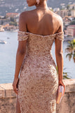 Off the Shoulder Champagne Mermaid Maxi Sequin Dress with Slit