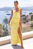 Yellow Mermaid Wide Straps Ruffled Lace Maxi Dress with Slit