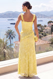 Yellow Mermaid Wide Straps Ruffled Lace Maxi Dress with Slit