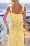 Yellow Mermaid Wide Straps Ruffled Lace Maxi Dress with Slit