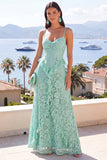 Lace A-Line Mint Spaghetti Straps Ruffled Maxi Dress