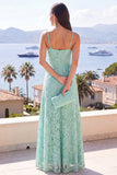 Lace A-Line Mint Spaghetti Straps Ruffled Maxi Dress