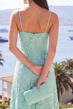 Lace A-Line Mint Spaghetti Straps Ruffled Maxi Dress