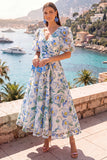 Pink A-Line V-Neck Midi Floral Dress with Puff Sleeves