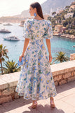 Pink A-Line V-Neck Midi Floral Dress with Puff Sleeves