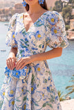 Pink A-Line V-Neck Midi Floral Dress with Puff Sleeves